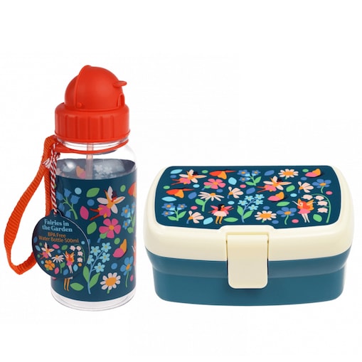 Zestaw do szkoły: bidon ze słomką 500 ml + Lunchbox z tacką Wróżki, Rex London