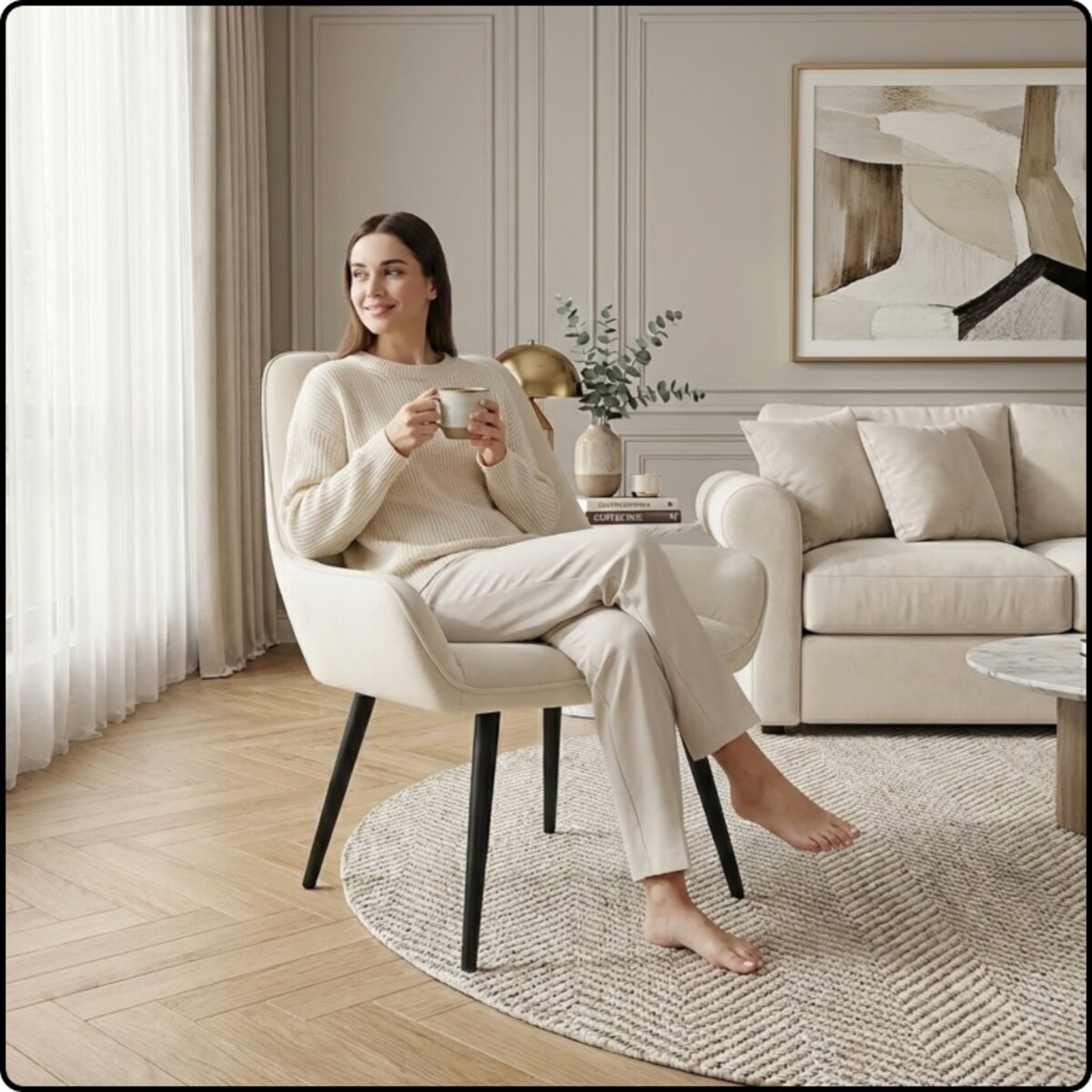 Fotel uszak tapicerowany welurowy wygodny z czarnymi nogami do salonu beżowy