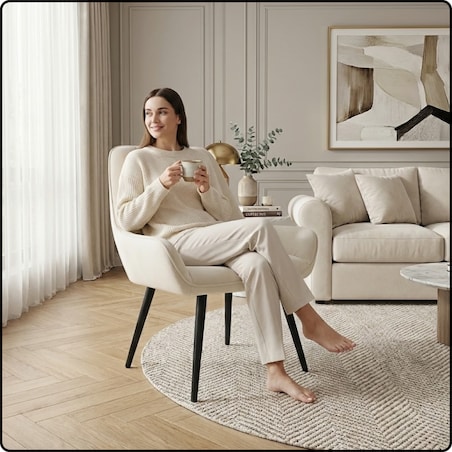 Fotel uszak tapicerowany welurowy wygodny z czarnymi nogami do salonu beżowy