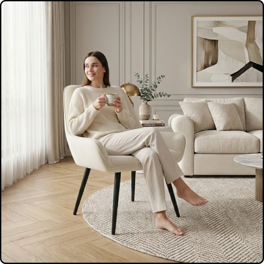 Fotel uszak tapicerowany welurowy wygodny z czarnymi nogami do salonu beżowy