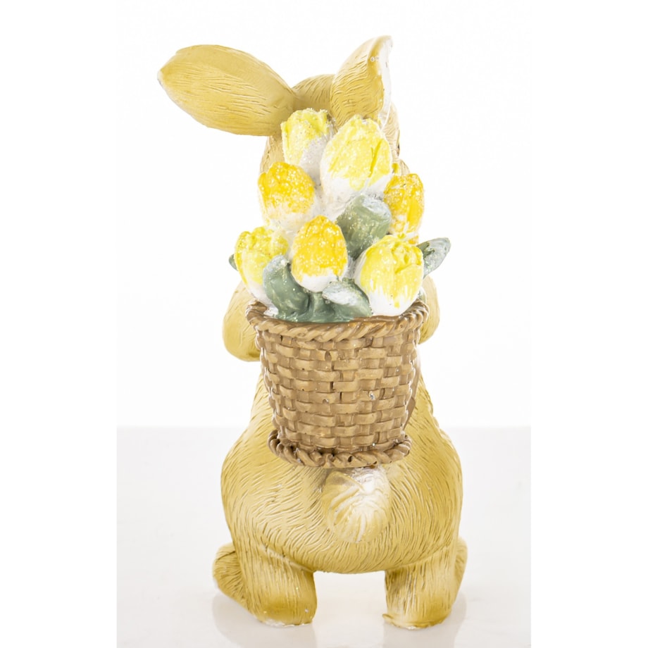 Dekoracja - króliczek z koszem tulipanów na plecach 11x4,5x6 cm
