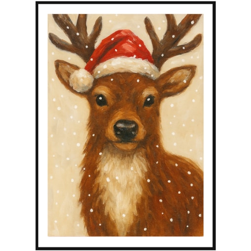 Poster Story, Plakat, Obraz - Świąteczny Renifer w Czapce Mikołaja w Płatkach Śniegu, wymiary 21 x 30 cm