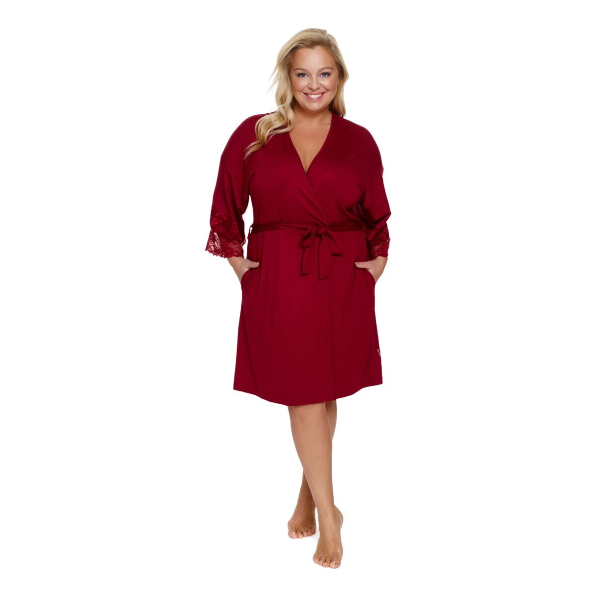 Burgundowy szlafrok damski z koronką