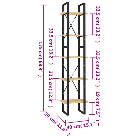 vidaXL 5-poziomowy regał na książki, 40x30x175 cm, lite drewno sosnowe