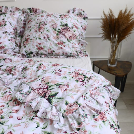 Poszewka Pościel Na Kołdrę Z Ozdobną Falbanką Retro Kwiaty 200X200 Cm