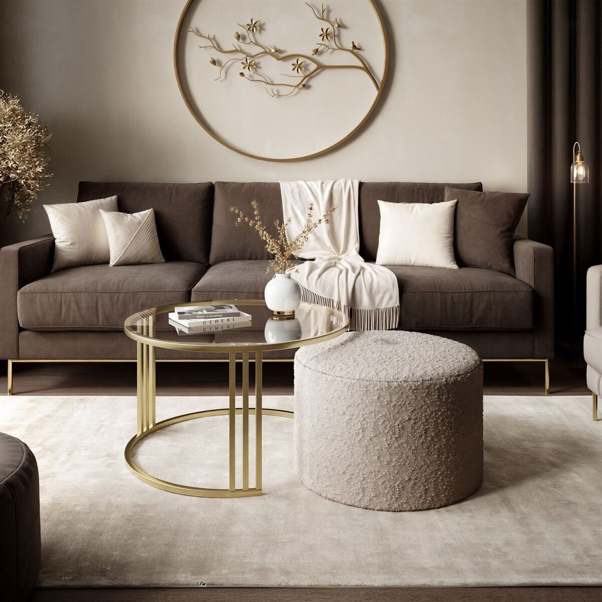 Stolik kawowy z pufą LORI GLASS złoto szczotkowane, przezroczyste szkło / Coral 50