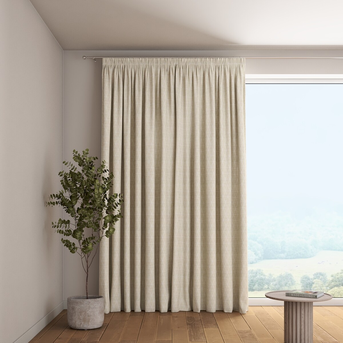 Zasłona na taśmie marszczącej 1 szt. 130x260 trójkąty na beżowo-lnianym tle