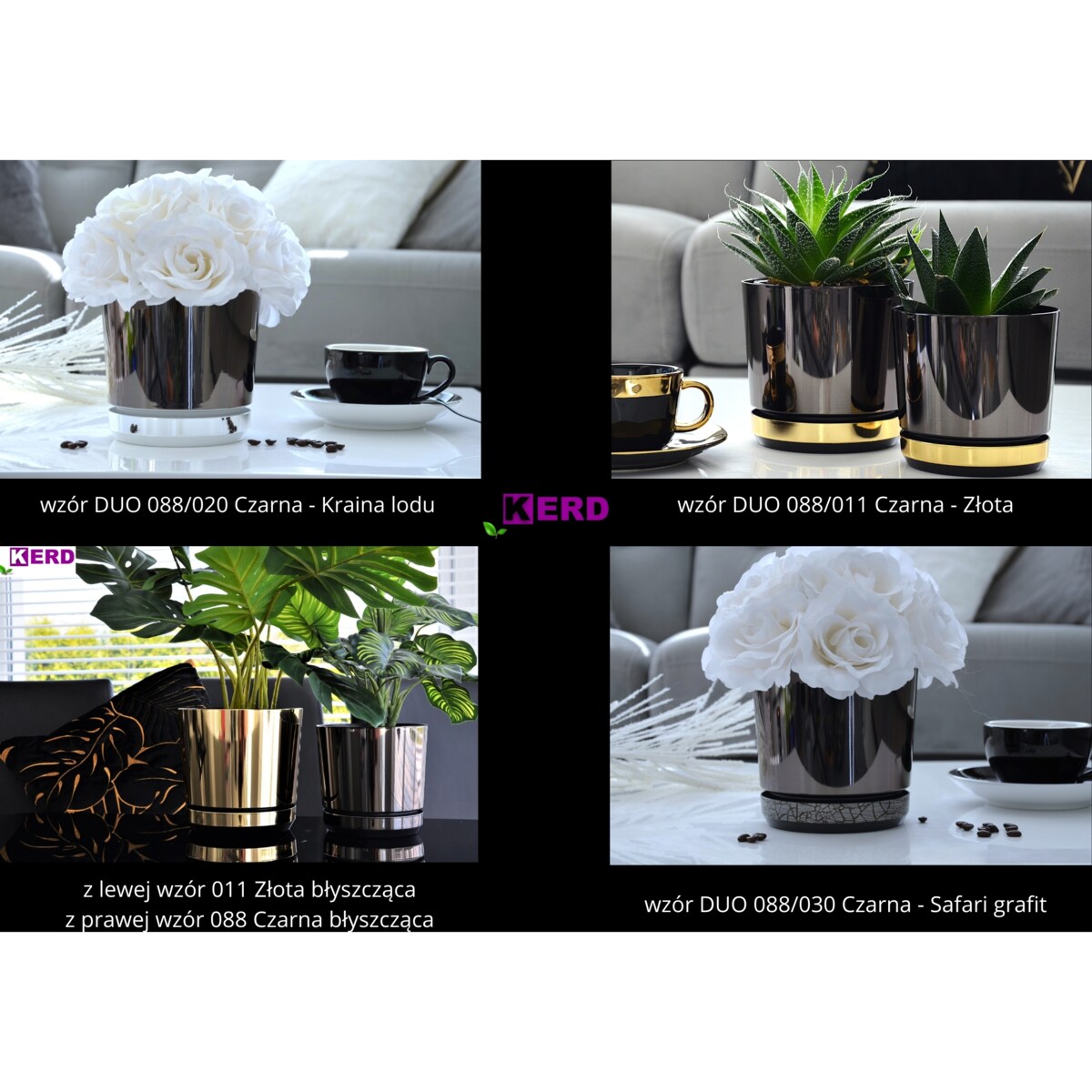 32 Doniczka DUO CZARNA z podstawką ZIELONA dwukolorowa nowoczesna industrialny loft glamour wysoki połysk metaliczna elegancka duża donica