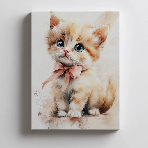 Uroczy kotek z różową kokardą, 50x70 cm, bez ramy, płótno premium na blejtramie