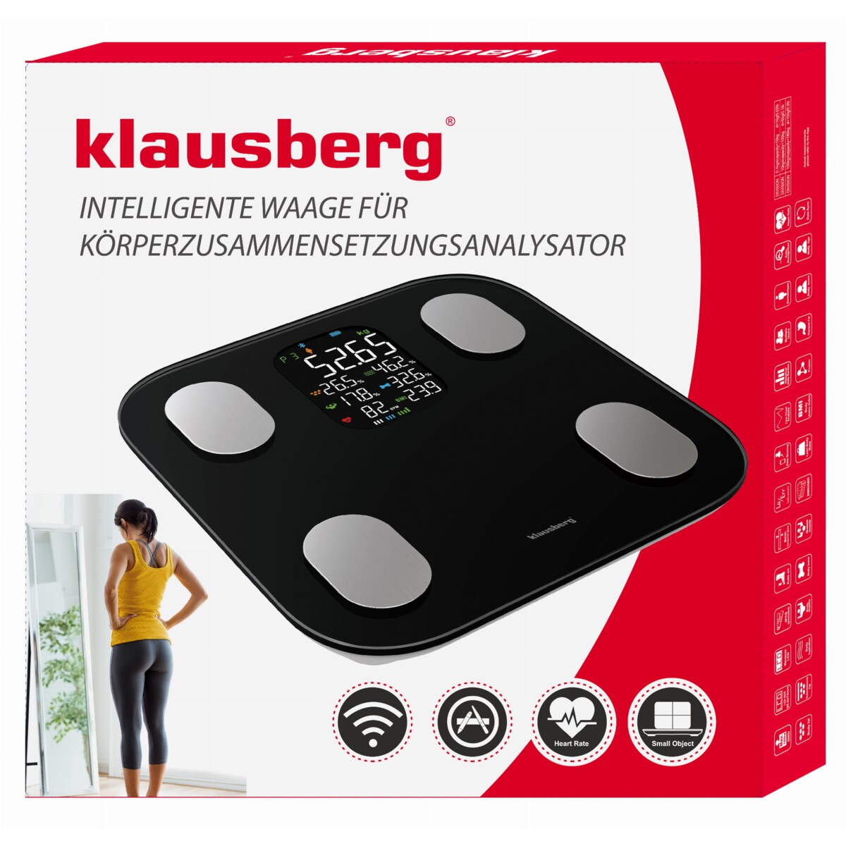 Waga łazienkowa z pomiarem tkanki tłuszczowej i składu ciała, Smart, BT, KLAUSBERG czarna