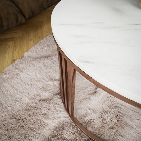 Okrągły stolik kawowy LORI mat z miedzianym stelażem, Marmur Levanto