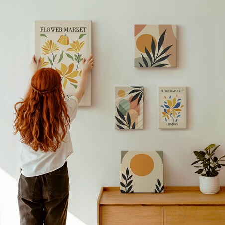 Zestaw 5 obrazów na płótnie - Kwiaty abstrakcyjne boho styl - pomarańczowy