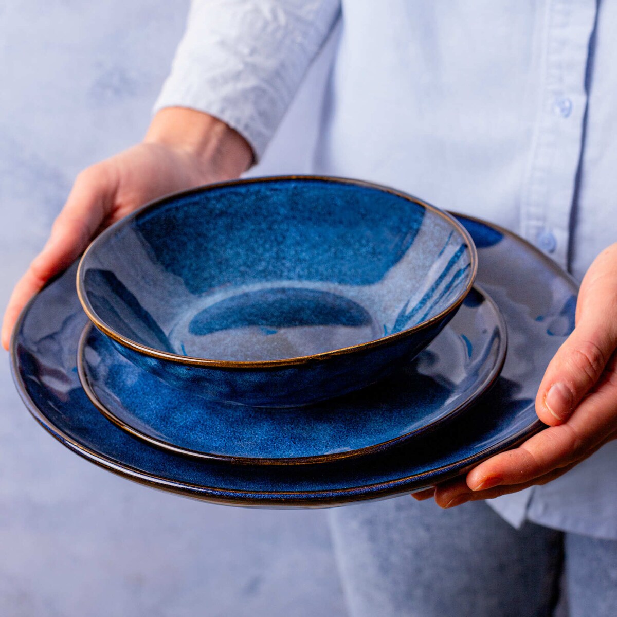 Serwis obiadowy Uminami niebieski na 12 osób 36 szt. Nowoczesny Do zmywarki Komplet talerzy