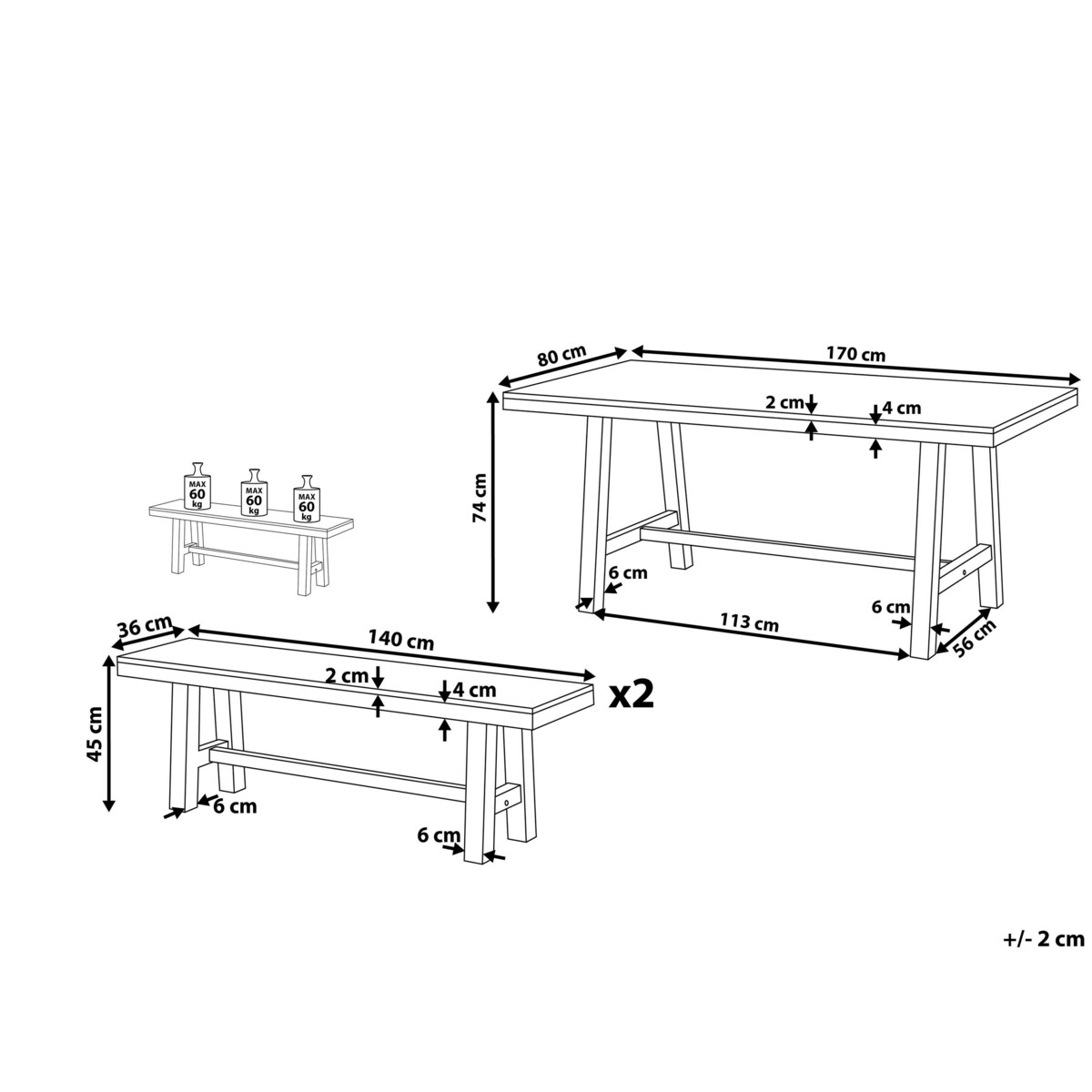 Zestaw ogrodowy drewniany stół i 2 ławki biały SCANIA