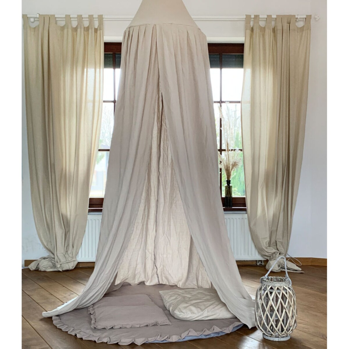 Lniany Zakątek – baldachim muślinowy sepia