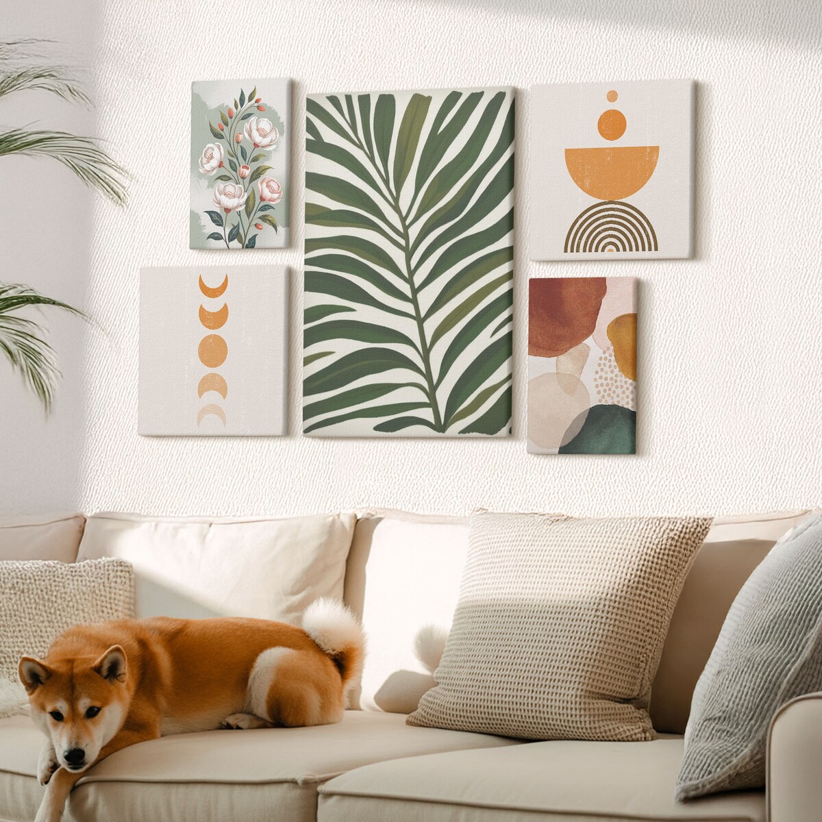 Zestaw 5 obrazów na płótnie - Roślinne wzory boho kształty - zielony