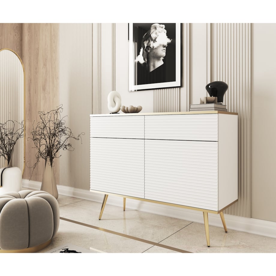 Komoda krótka 107 POLO na wysokich nóżkach z ryflowanymi frontami, biała