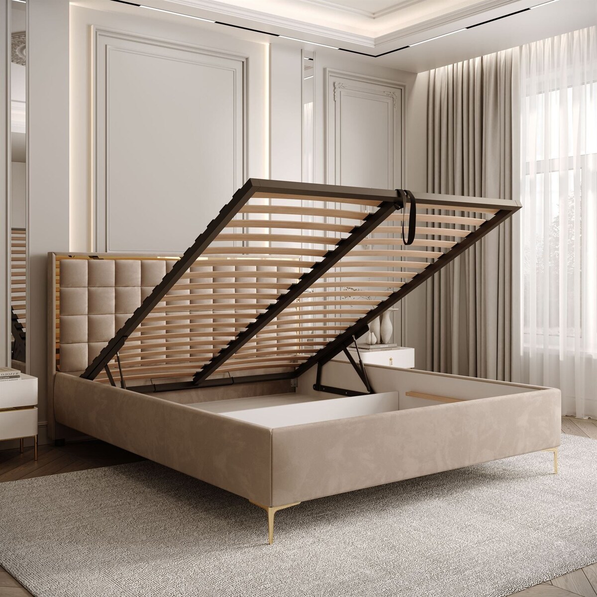 Łóżko tapicerowane ISADORA GOLD, pojemnik na pościel, stelaż 34, 180x200, RV 170