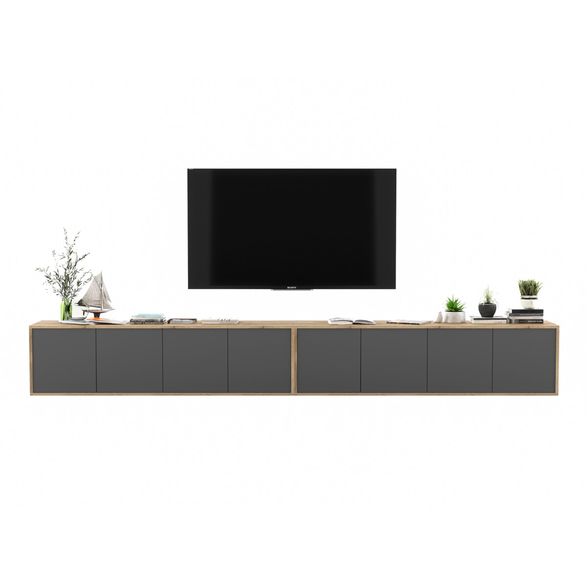 Wisząca Szafka RTV Loft Komoda RTV Dąb Wotan Grafit MAT 300 cm