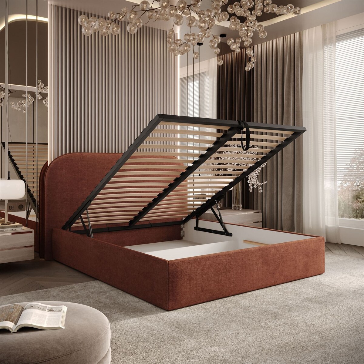 Łóżko tapicerowane OLIMPIA, pojemnik na pościel, s34, 140x200, Perfect Harmony 52