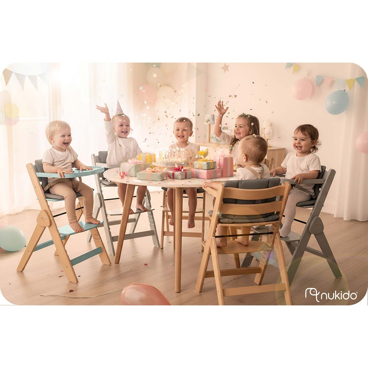 Drewniane krzesełko do karmienia Nukido tacka solidne regulowane pasy 703000