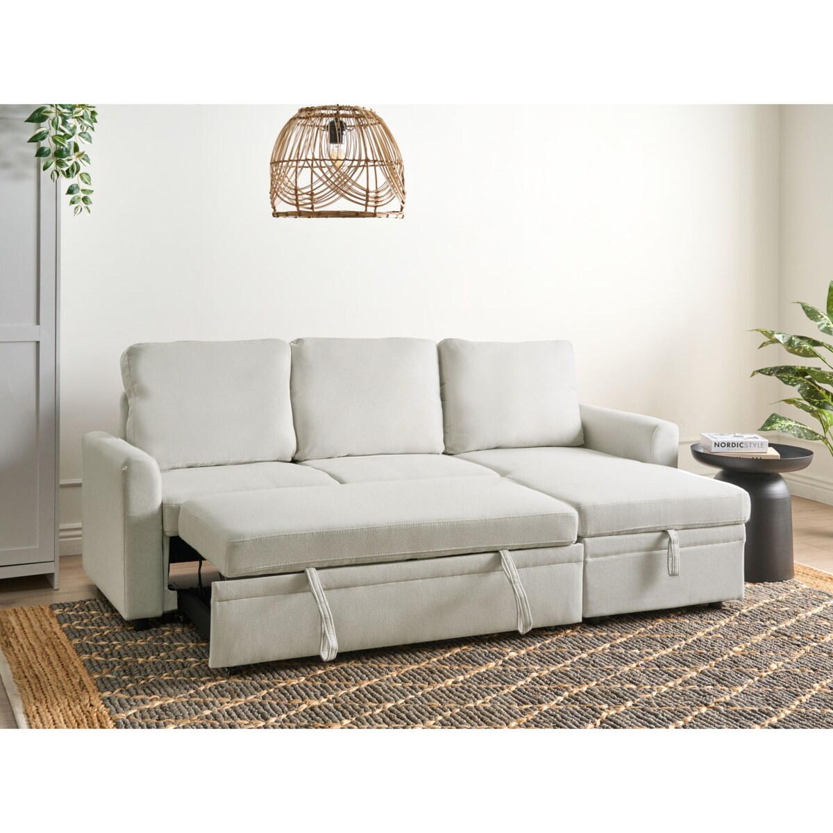 Narożnik rozkładany NASSJO Len syntetyczny Jasnobeżowy dla 3 osób Lewostronny