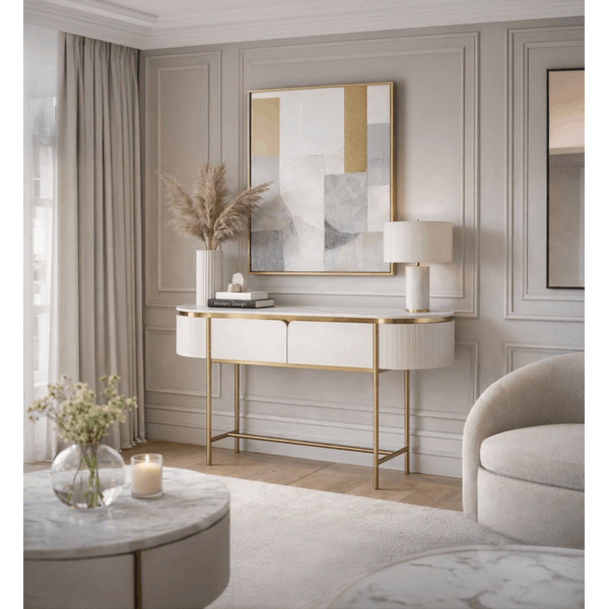 Konsola glamour ecru złota Bueno z marmurem 140x36x86