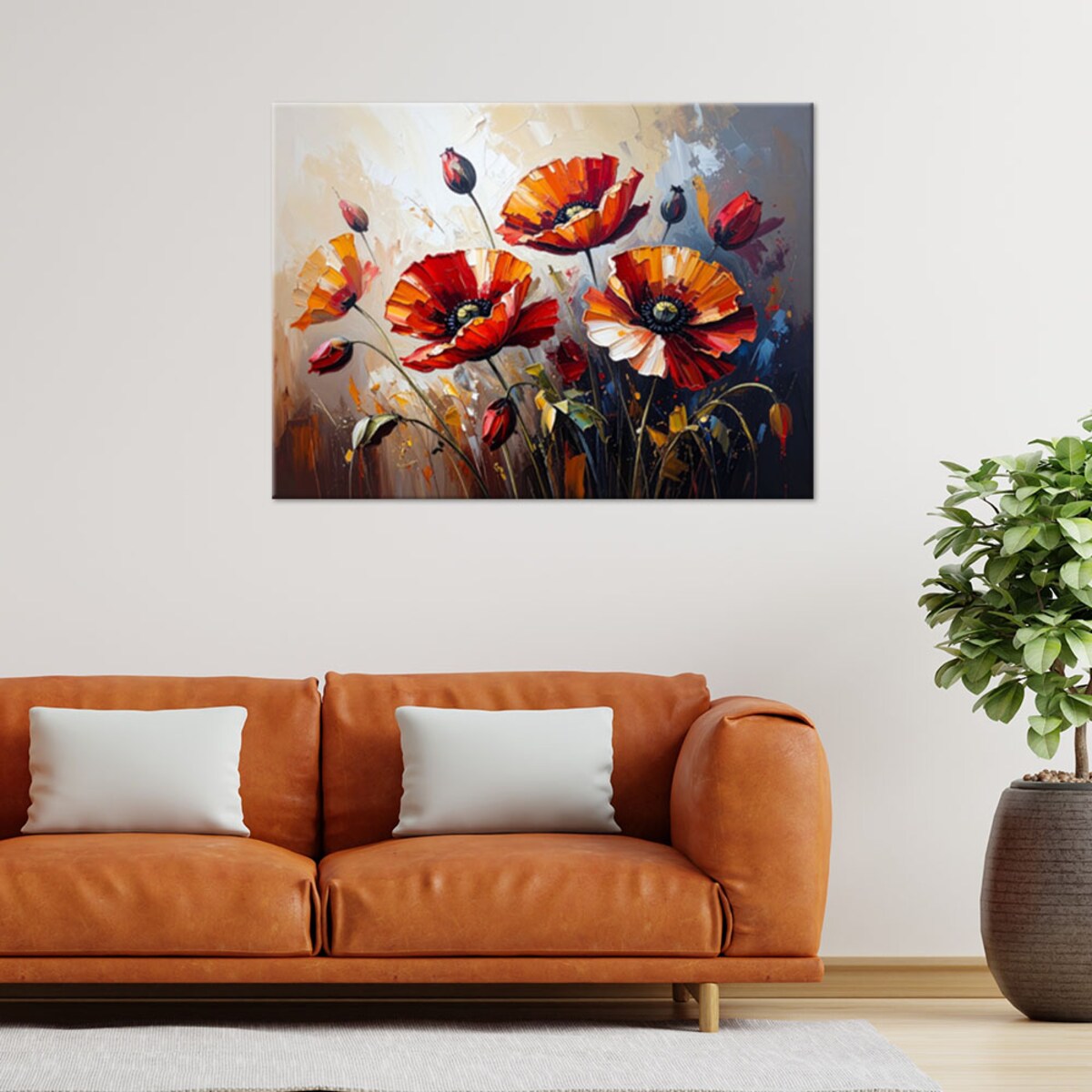 Feeby Obraz nowoczesny, Czerwone Maki na beżowym tle efekt farby 60x40