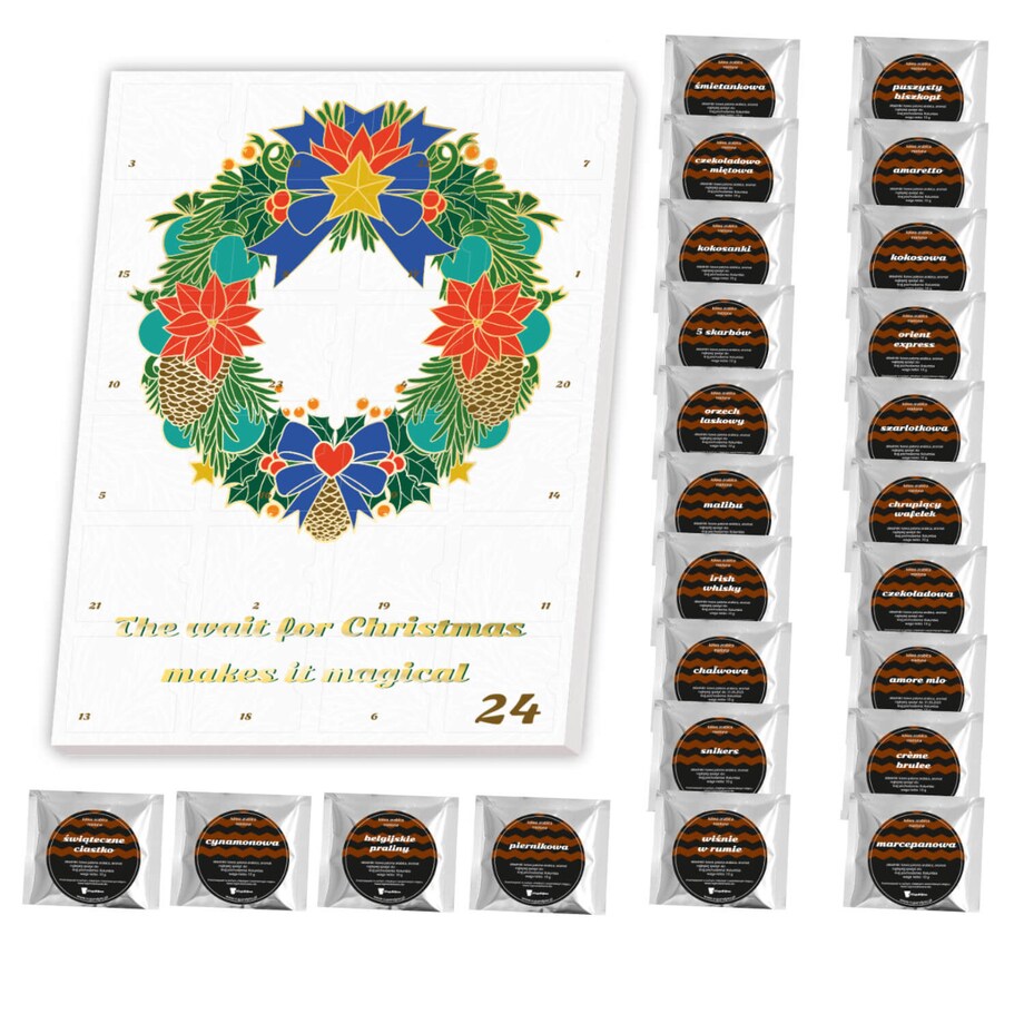 KALENDARZ ADWENTOWY 2025 Z KAWAMI - 24 RÓŻNE SMAKI KAW DESEROWYCH PREMIUM - PREZENT UPOMINEK NA ŚWIĘTA MIKOŁAJA DLA KOBIETY MĘŻCZYZNY FACETA
