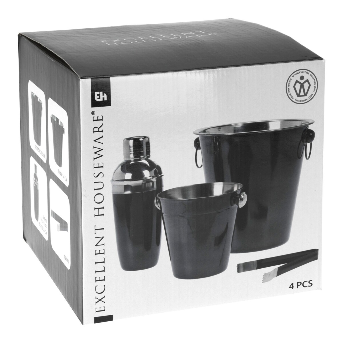 Zestaw barmański do drinków ze stali nierdzewnej: stojak na alkohol, pojemnik na lód, szczypce, shaker