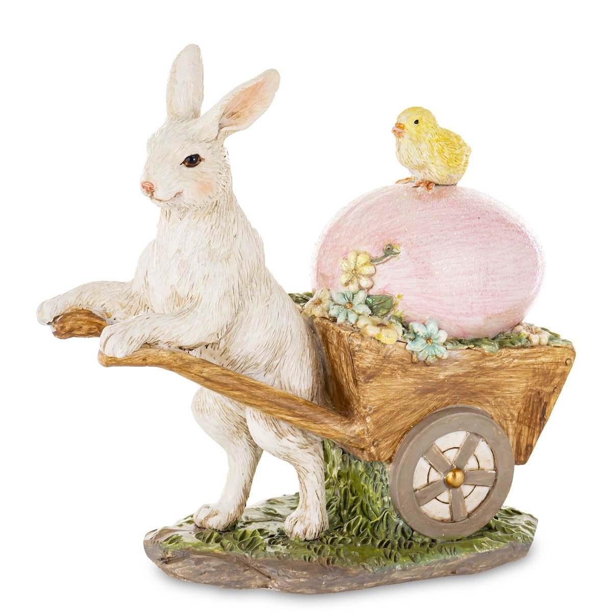 Dekoracja - królik z taczką, jajkiem i kurczaczkiem 13x13x6 cm