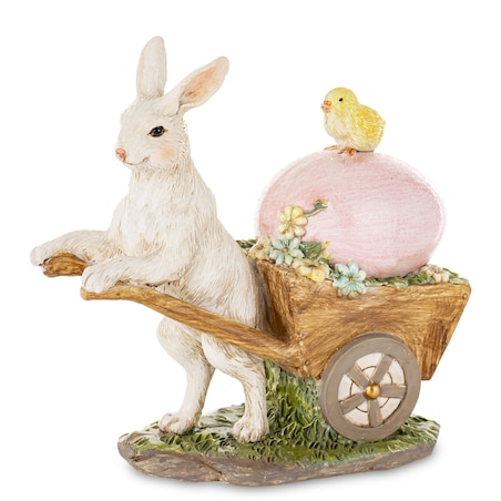 Dekoracja - królik z taczką, jajkiem i kurczaczkiem 13x13x6 cm