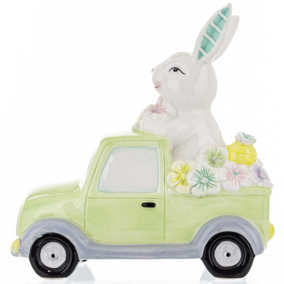 Dekoracja - króliki w samochodzie z kwiatami 20x10,5x19 cm