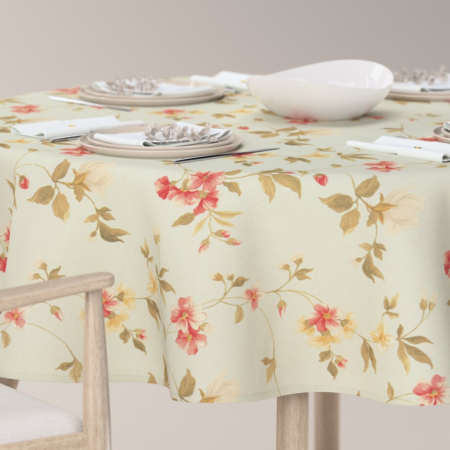 Obrus okrągły 130 x 130 cm kwiatki na jasno-błękitnym tle