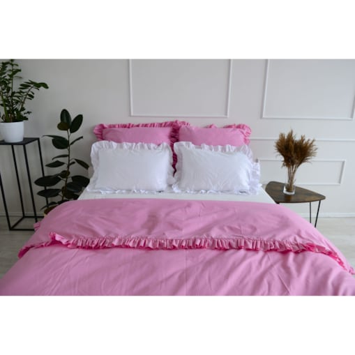 Pościel Bawełniana Z Falbanką Zestaw Komplet Do Sypialni Kołdra + 4 Poduszki 220X200 Cm Róż Biel
