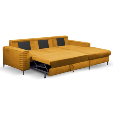 Narożnik rozkładany z zagłówkiem i pojemnikiem OLI prawostronny musztardowy