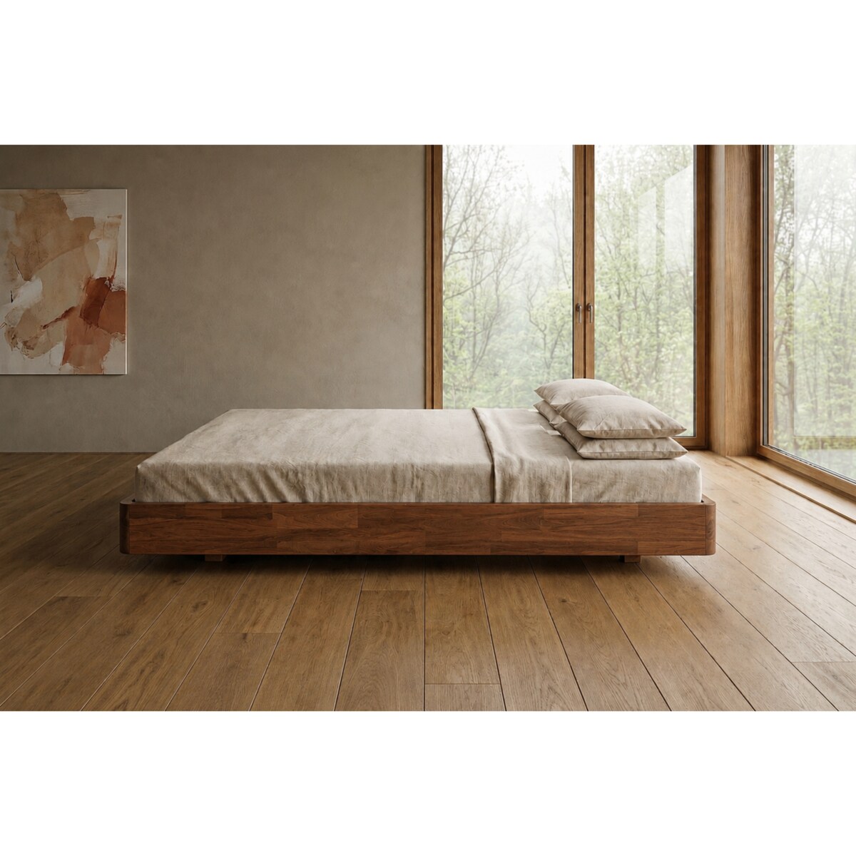 Łóżko lewitujące drewniane bukowe Visby LENA FLAT bez szafek / 160x200 cm, kolor orzech