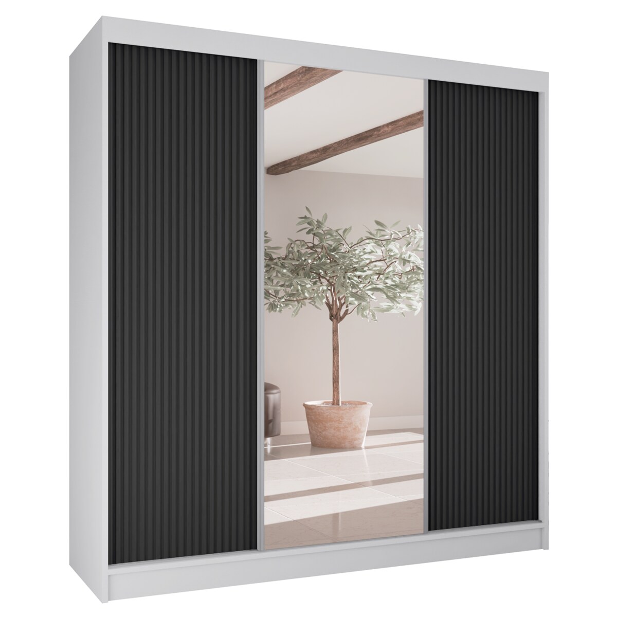 Szafa przesuwna V200 z lustrem i szufladami do sypialni-biała+czarne ryfle