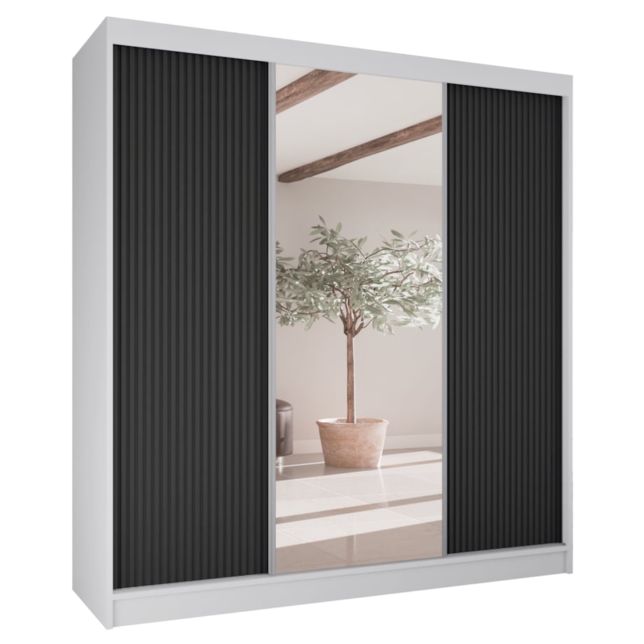 Szafa przesuwna V200 z lustrem i szufladami do sypialni-biała+czarne ryfle