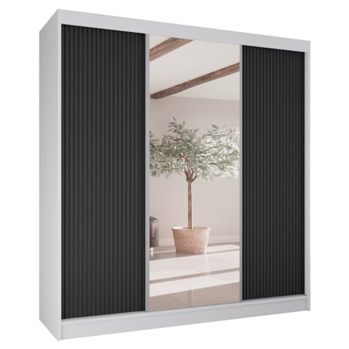 Szafa przesuwna V200 z lustrem i szufladami do sypialni-biała+czarne ryfle