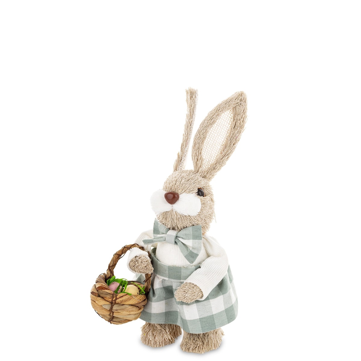 Figurka - króliczek z wielkanocnym koszyczkiem 23,5x11x13 cm w sukience w biało-niebieską kratkę