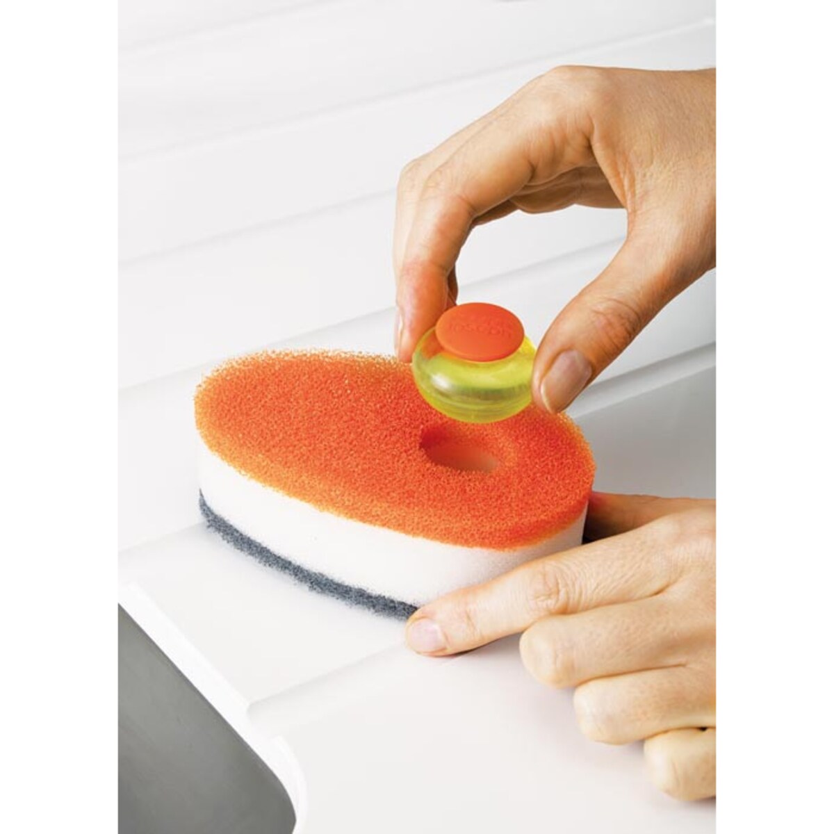 Zestaw 3 gąbek do zmywania z pojemniczkiem na płyn (pomarańczowych) Soapy Sponge Joseph Joseph wycofane