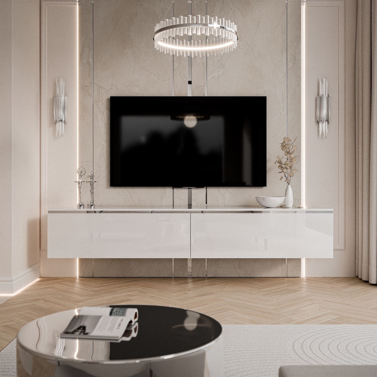 Szafka RTV AURORA SILVER 180 cm biały połysk wisząca