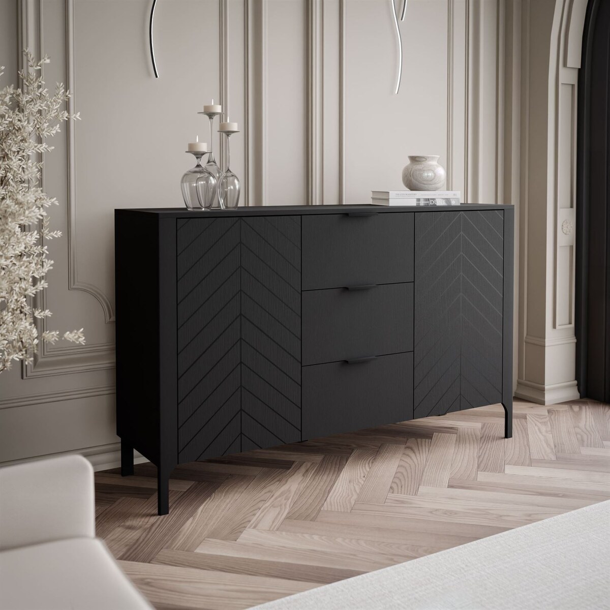 Dwudrzwiowa komoda z szufladami LUMI, czarna