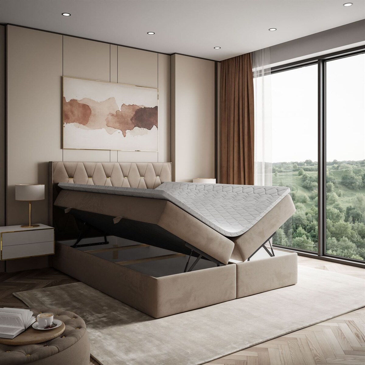 Łóżko kontynentalne IZOLDA z pojemnikiem na pościel, 140x200, RV 176, topper