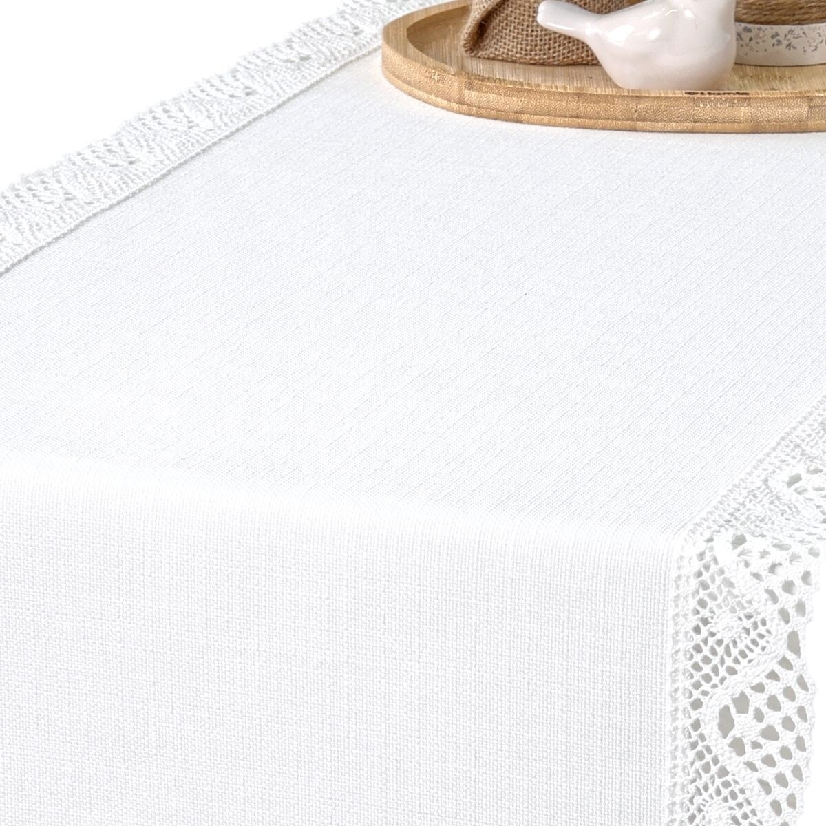 Bieżnik plamoodporny P130 biały z koronką K205 białą - 40x220 cm - biały