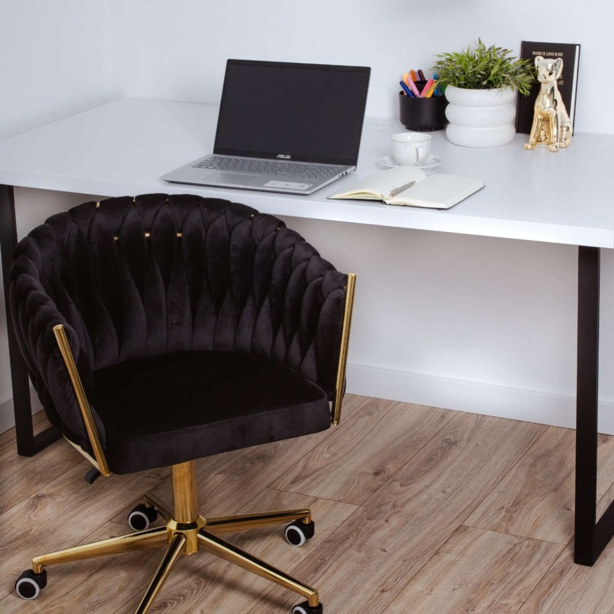 Fotel biurowy krzesło obrotowe regulowane welurowe czarne