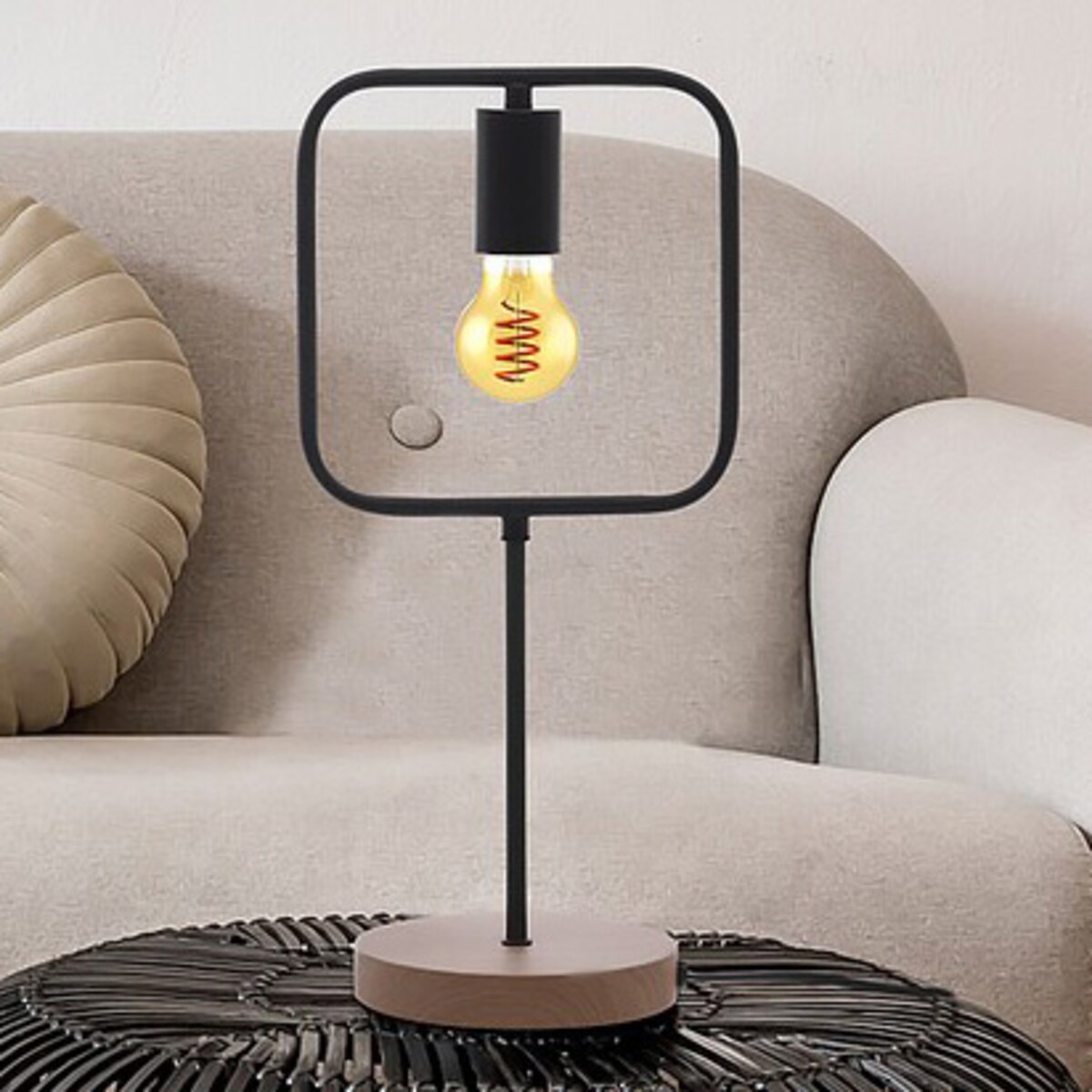 Industrialna lampka stołowa Rufin 3219 metalowa ramka czarna drewno