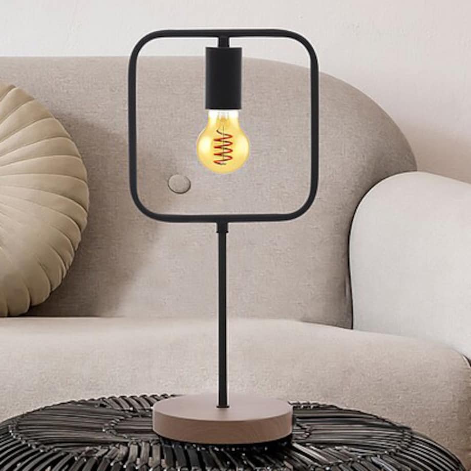 Industrialna lampka stołowa Rufin 3219 metalowa ramka czarna drewno