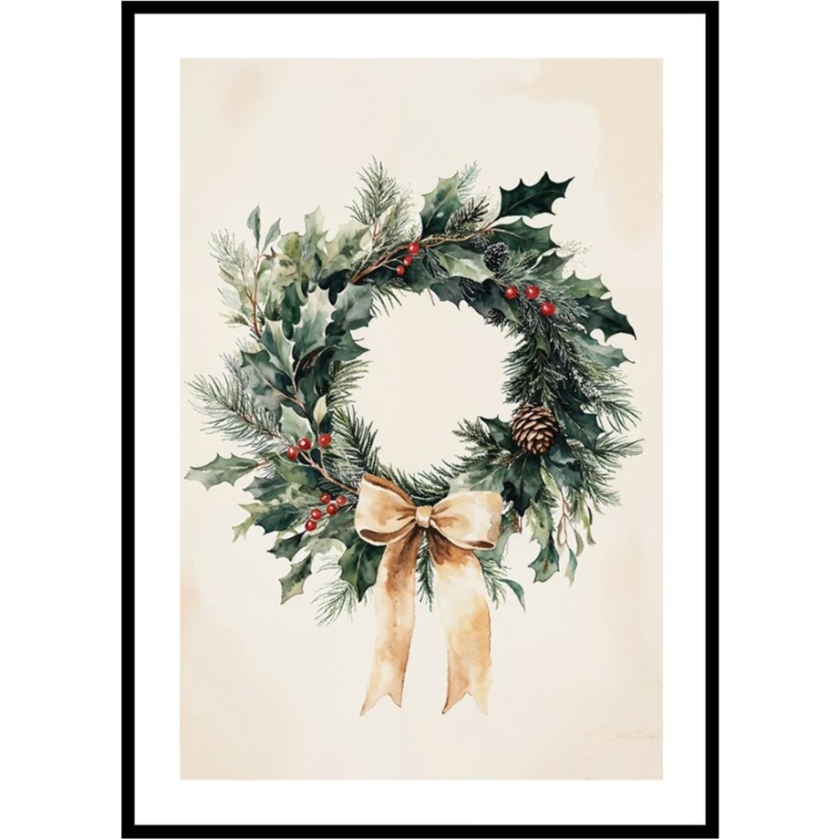 Poster Story, Plakat, Obraz - Zielony Świąteczny Wieniec z Kokardą, wymiary 30 x 42 cm